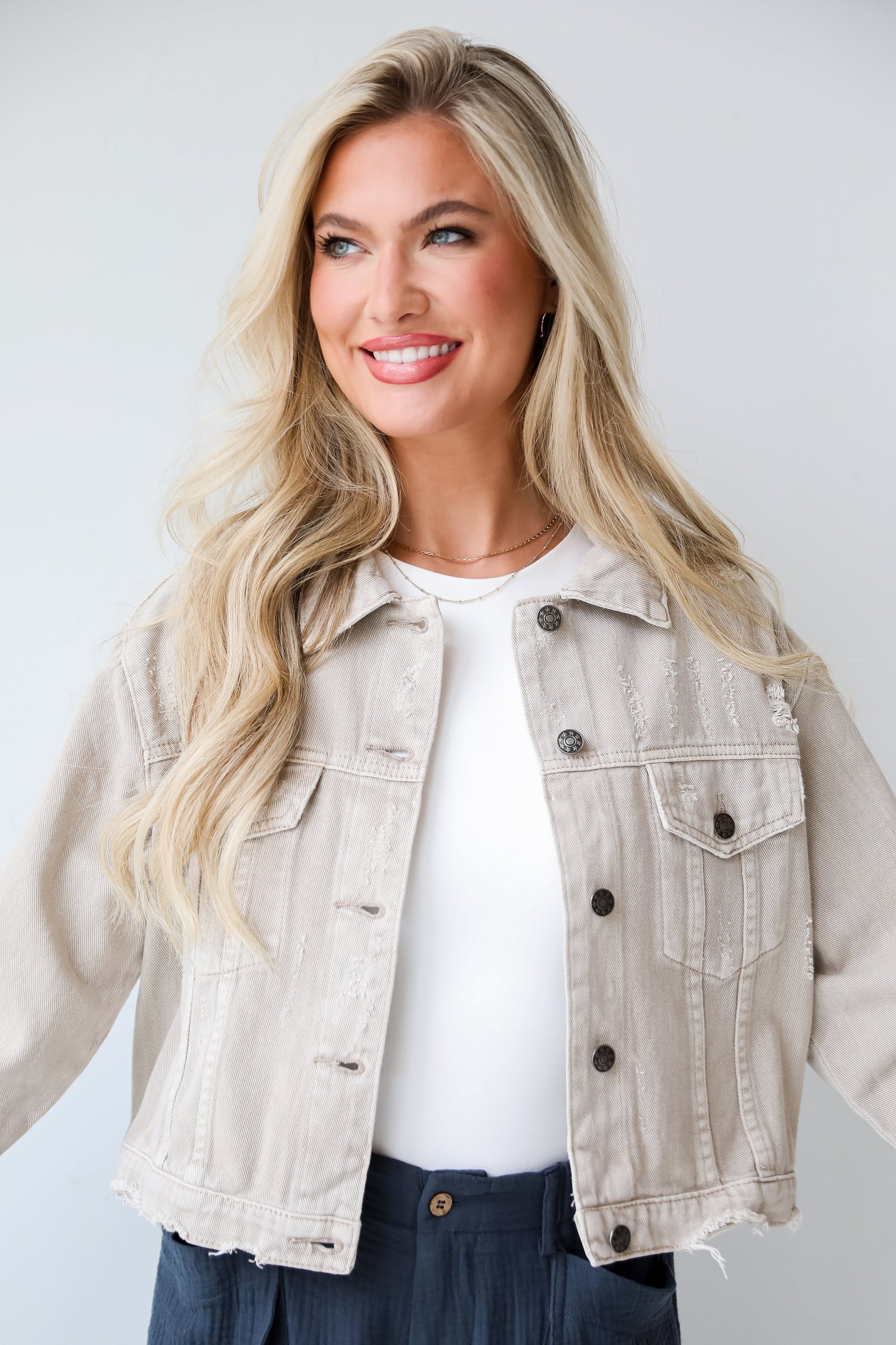 Definite Icon Taupe Distressed Cropped Denim Jacket